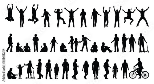 Silhouettes of diverse active people, children, and adults jumping, sitting, standing, and playing with scooters and bicycles, depicting joy, leisure, activity, and freedom.