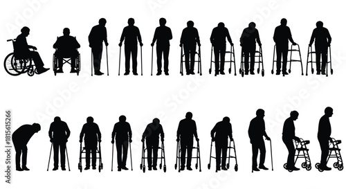 Silhouettes of diverse elderly men depicting aging, disability, and mobility issues using wheelchairs, walking sticks, and rollator walkers, illustrating health care and senior life.