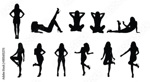 Silhouettes of beautiful women posing in high heels and short dresses, depicting fashion, glamour, sensuality, beauty, modeling, elegance, and confident body language in various poses.