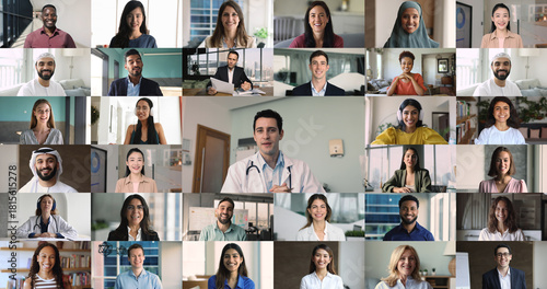 Different gender, nationality, professions people take part in videocall, collage