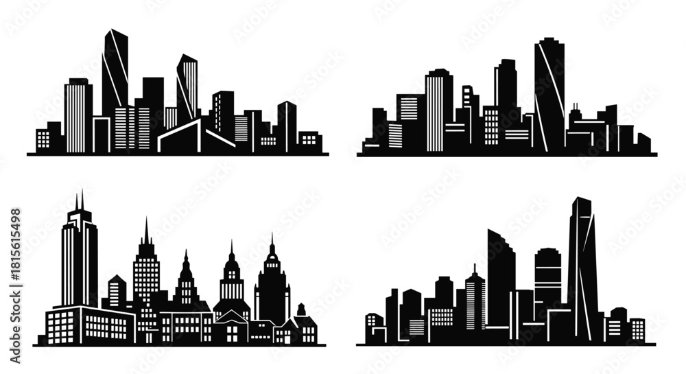 Obraz premium Silhouettes of modern and classic city skylines with skyscrapers and buildings, depicting urban landscape, architecture, real estate, travel, development, and metropolitan areas.