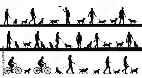 Silhouettes of diverse people walking dogs on a leash, playing with a frisbee, riding a bike, and skateboarding, depicting pet ownership, exercise, and leisure activities.