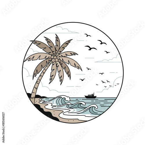 Tranquil tropical coastline scenery with palm tree and ocean waves vector illustration