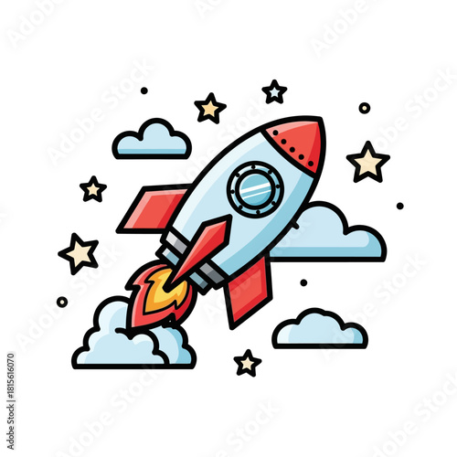 Cartoon rocket soaring through a stylized cosmos, amidst celestial bodies and vapor trails