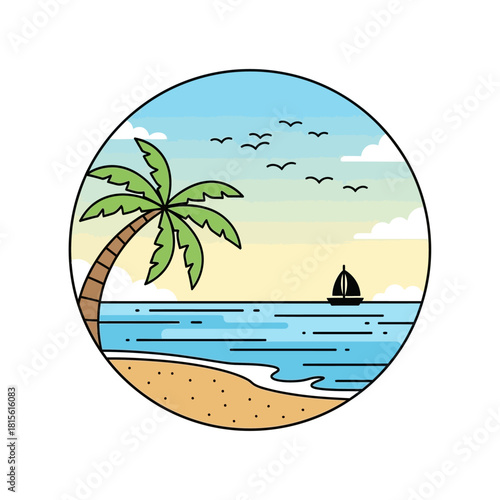 Tropical getaway scene depicting serenity with palm tree and sailboat on horizon
