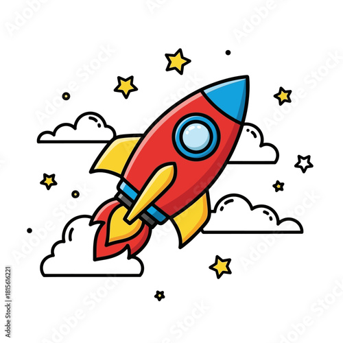 Whimsical cartoon rocket soaring through celestial clouds and twinkling stars