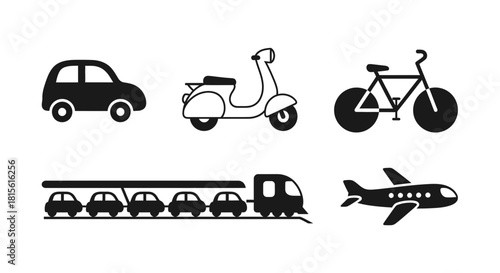 Transportation icons showcase travel options car, scooter, bike, train, plane convey movement and connectivity graphic element for creative projects, design needs