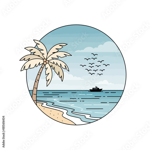 Seaside serenity circular illustration with palm tree, ocean waves, and distant ship in tranquil