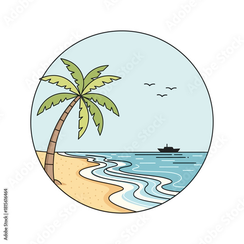 Tropical beach getaway vector illustration with palm trees and ocean view retreat