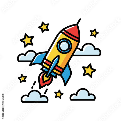 Whimsical space exploration: A cartoon rocket soaring through the clouds with stars