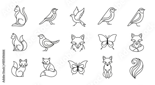 Charming line art collection featuring delicate birds, graceful cats, playful foxes, and beautiful butterflies ideal for nature inspired designs