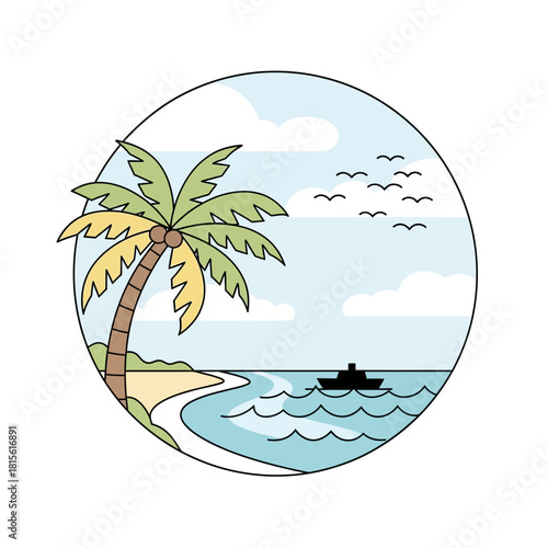Seaside serenity: a stylized coastal vista featuring palm tree and tranquil blue ocean voyage