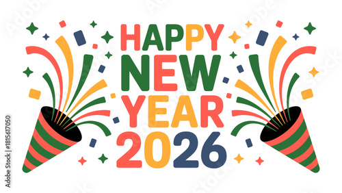 New Year's Celebration in 2026: An eye-catching illustration showcases the words Happy New Year 2026 alongside festive party poppers, a celebration of new beginnings and joyous festivities.