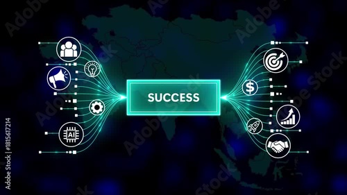 Wallpaper Mural Success Concept With Connected Icons. Business, Technology, Internet and network concept. Business icons on digital world map background. Torontodigital.ca