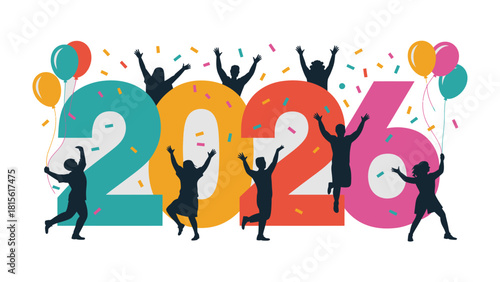 New Year Celebration 2026: A vibrant and colorful illustration of the year 2026 comes alive with silhouettes of people celebrating the arrival of the New Year.