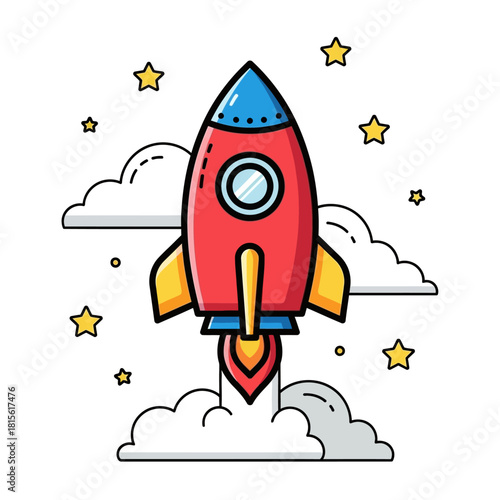 Cartoon rocket launching into a whimsical space illustration with stylized clouds and stars