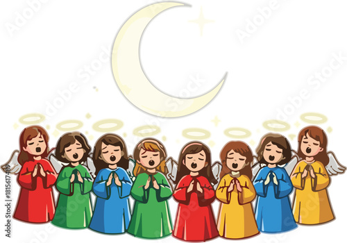 Cartoon angels singing, crescent moon, festive robes, Christmas theme, spiritual joy, colorful illustration, vector graphic, peaceful, holiday, art
