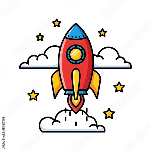 Cartoon rocket launching through fluffy clouds surrounded by twinkling stars design