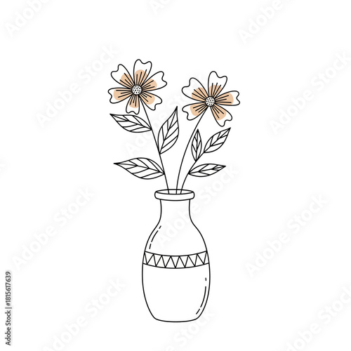 Delicate floral sketch: A serene vase adorned with gentle beige blooms on white ambiance providing