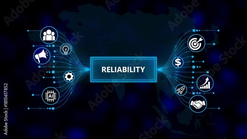 Digital concept of reliability with interconnected icons. Business, Technology, Internet and network concept. Business icons on digital world map background.
