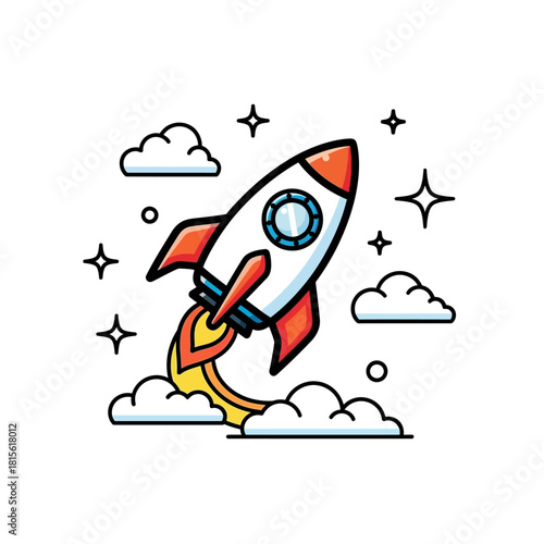 Whimsical rocket ship soaring through a star-studded sky with fluffy clouds illustration