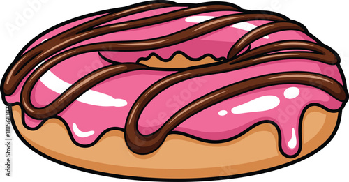 Cartoon Style Donut Vector Illustration Pink Glaze and Chocolate Dripping Sweet Bakery Snack