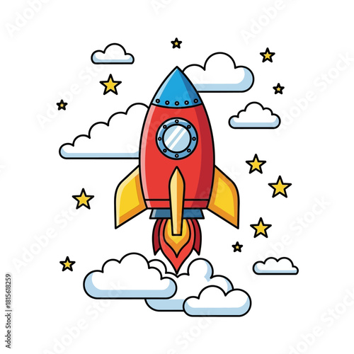 Whimsical rocket launch amid clouds and stars, a cheerful aspiration to new heights