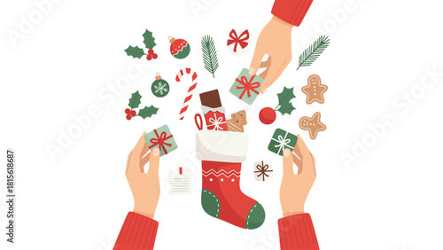 Hands filling Christmas stocking with festive gifts and decorations.