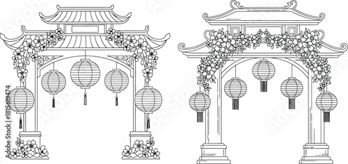 A traditional Chinese archway decorated with hanging lanterns and beautiful cherry blossom flowers