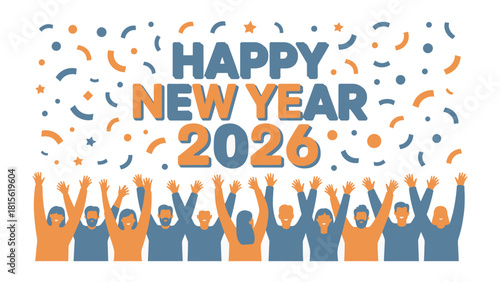 Celebratory New Year 2026: An illustration showcases a festive New Year's scene with celebratory imagery, incorporating a multitude of people welcoming the upcoming year.
