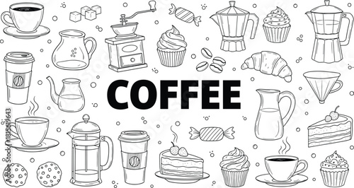 Hand Drawn Coffee and Bakery Elements Vector Doodle Set Outline Illustration for Cafe Menu Design
