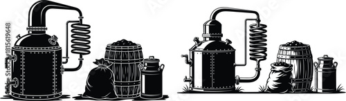 Alcohol distillery equipment with traditional still, condenser, barrels, sacks, and cans for spirit production