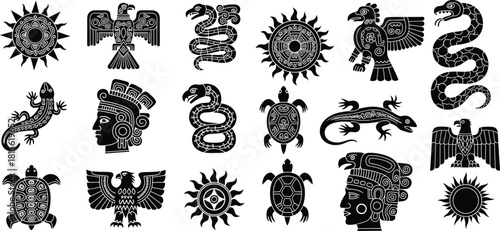 Ancient Mesoamerican symbols featuring suns, eagles, serpents, and human profiles in tribal style