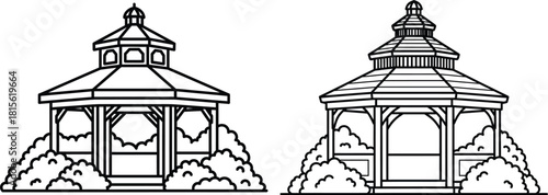 Architectural outline drawing of two distinct garden gazebos surrounded by lush decorative bushes for outdoor scenes