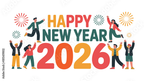 Festive New Year 2026: An illustration showcases a celebratory scene with people reveling in the arrival of the New Year.
