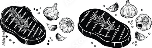 Black outline drawing of a seasoned grilled steak with rosemary, whole garlic, and peppercorns ready for cooking