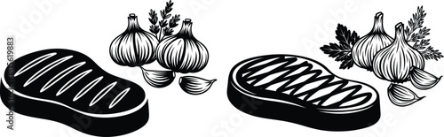 Bold silhouette of a perfectly grilled steak accompanied by garlic bulbs and fresh aromatic herb sprigs