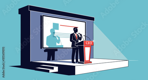 Business presentation with CEO on stage, giving a speech in front of a screen with a diagram
