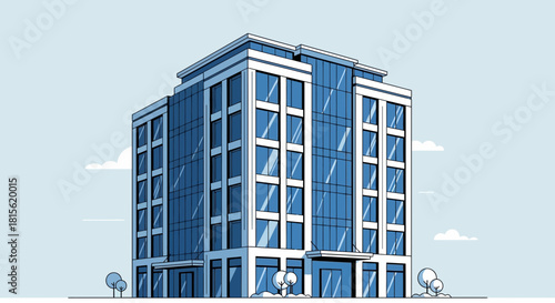 Modern blue business building illustration against a white sky, representing corporate structure