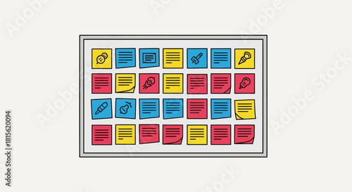 Board filled with sticky notes, organizing ideas, creative concepts, planning and project management