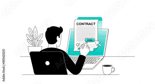 Businessman signing a digital contract online with an electronic signature, symbolizing a modern business agreement