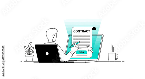 A minimalist line art illustration of a person signing a digital contract on a laptop, symbolizing e-signature and online business agreements