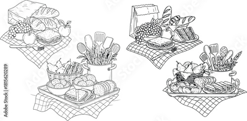 Collection of rustic picnic food items and kitchen utensils arranged on a checkered cloth in a charming outline style