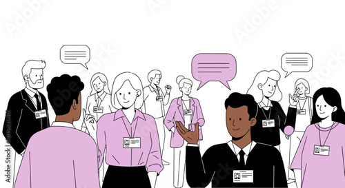 Diverse group of business professionals networking and communicating at a corporate conference or seminar