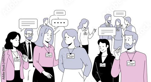 Business Conference Attendees Networking with Speech Bubbles, Badges, and Professional Attire