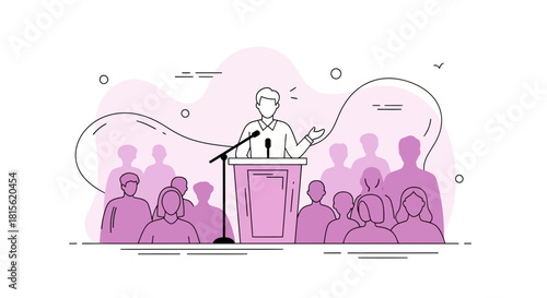 Speaker at a podium addressing a crowd of people, representing public speaking, debate, or a political rally