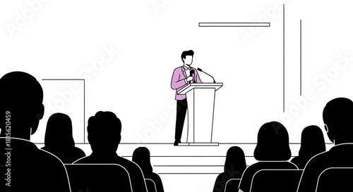 Minimalist vector illustration depicting a professional speaker at a podium delivering a dynamic presentation to an attentive, silhouetted audience during a corporate conference or educational seminar