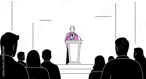 Businesswoman leading a public speaking event, presenting from a lectern to an engaged audience in a minimalist vector illustration style