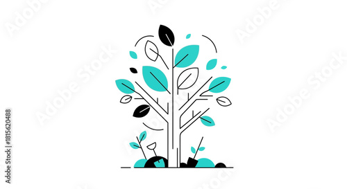 Minimalist line art illustration of a growing tree with turquoise leaves, symbolizing nature, ecology, and sustainable environmental growth
