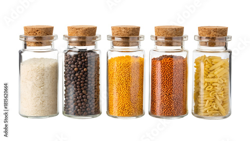 Five Small Glass Jars of Assorted Grains, Spices, and Pasta with Cork Lids